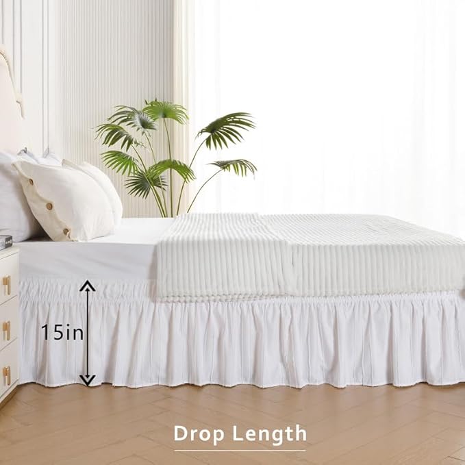 MIYE Striped Tufted Bed Skirt - Wrap Around Dust Ruffle with Elastic Belts - 15 Inch Drop Easy to Put On - Bedskirt Machine Washable ＆ Wrinkle Resistant(Striped/White, Full/Twin-15 Drop)