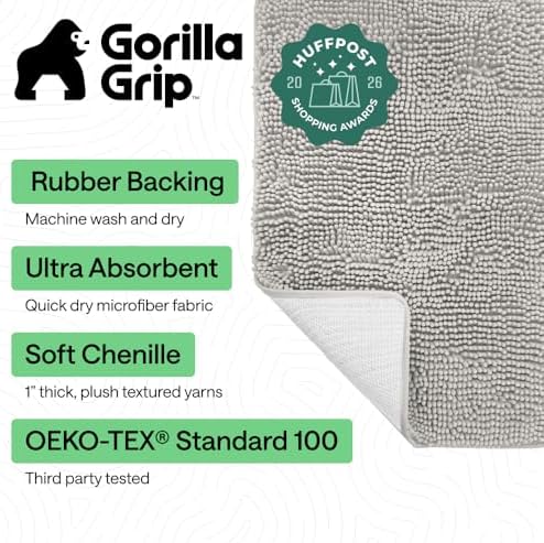 GORILLA GRIP Bath Rug Mat for Bathroom, Absorbent Chenille 54x24 Light Gray - Image 2