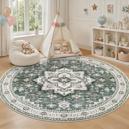 Round Area Rug for Living Room: 4ft Boho Washable Rug Green Ivory - Image 5