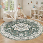Round Area Rug for Living Room: 6ft Boho Washable Rug Green Ivory - Image 5