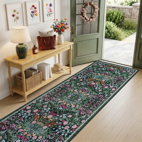 PLHXFR 2.6x14 Washable Runner Rug：Floral Indoor Kitchen Carpet Dark Green - Image 2