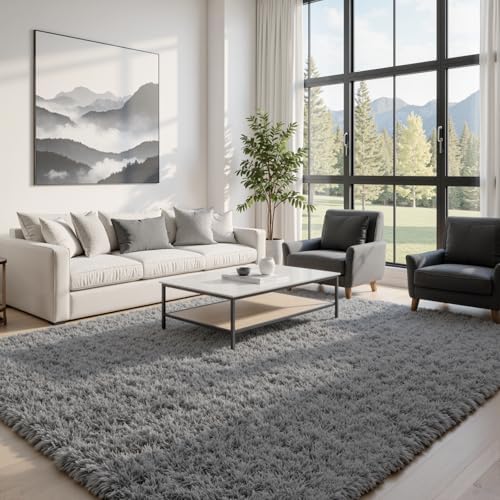 5x7 Fluffy Shag Area Rugs for Living Room Bedroom: Soft Carpet Light Gray - Image 4