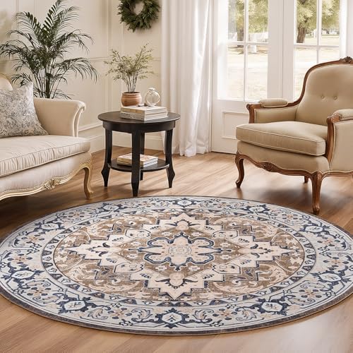 Lofus 4ft Round Area Rugs for Living Room, Vintage Boho Carpet Floral Brown - Image 4