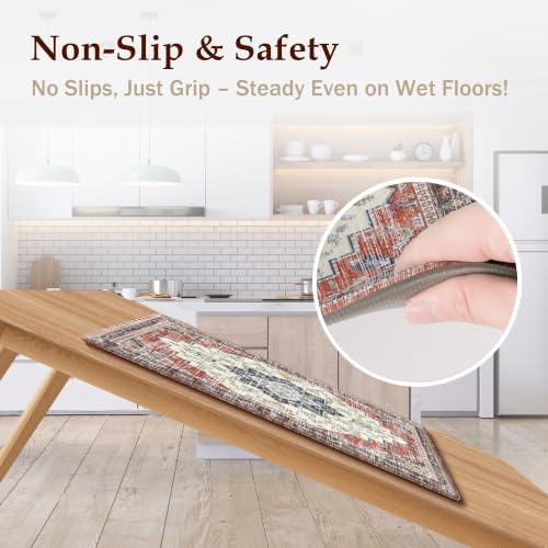 Boho Kitchen Mats for Floor 2PC Anti Fatigue Kitchen Rugs, Taupe Red - Image 4