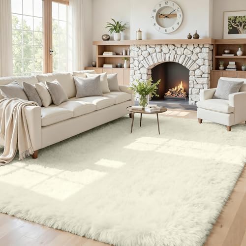 5x8 Fluffy Shag Area Rugs for Living Room Bedroom: Soft Carpet Cream White by CarpetAddColortoYourLife