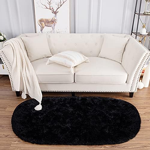 Noahas 2x5 Black Fluffy Soft Oval Rug Non-Slip for Bedroom Dorm Hallway - Image 2