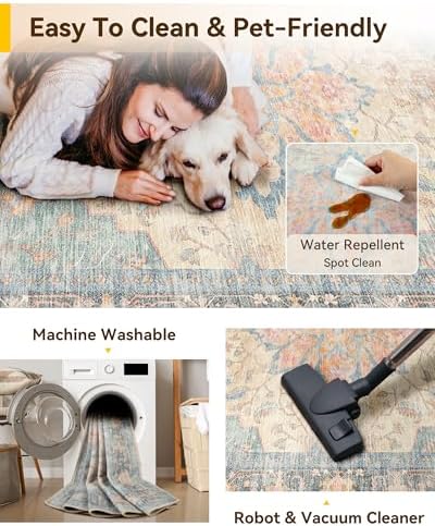 RELEANY Washable Area Rug, Square 4'x4', Blue/Orange/Red - Image 4
