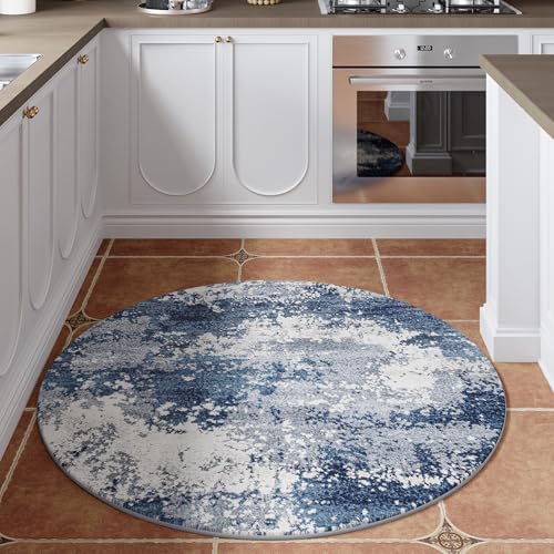 Blue Round Area Rugs 4ft Washable Circle Rug for Entryway Kitchen, Non Slip Soft Low Pile Stain Resistant, Boho Circular Carpet for Living Room Bedroom Dorm Dining Room Table, Abstract Navy - Image 3