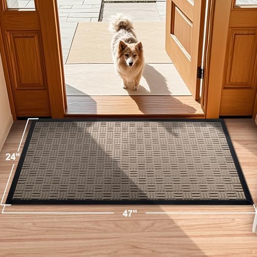 Mibao Front Door Mat Outdoor Entrance, 47" x 24" Heavy Duty Welcome Mat for Outdoor and Indoor, Waterproof Dirt Trapper Doormat, Super Absorbent Indoor Entryway Mat for Patio & Porch - Beige - Image 2