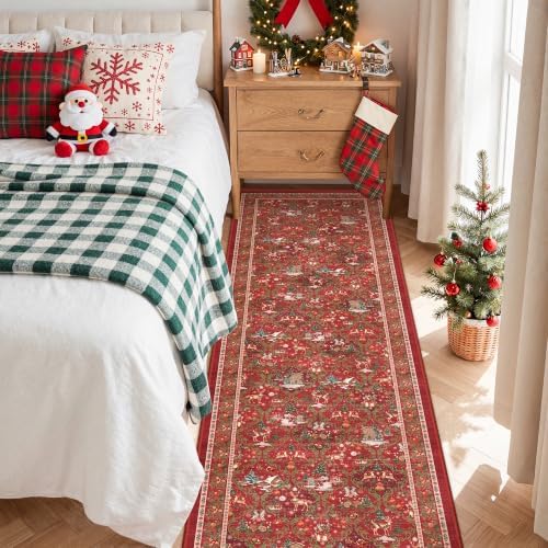 2x8 Christmas Runner Rug for Hallway,Washable Kitchen Rug,Red - Image 4