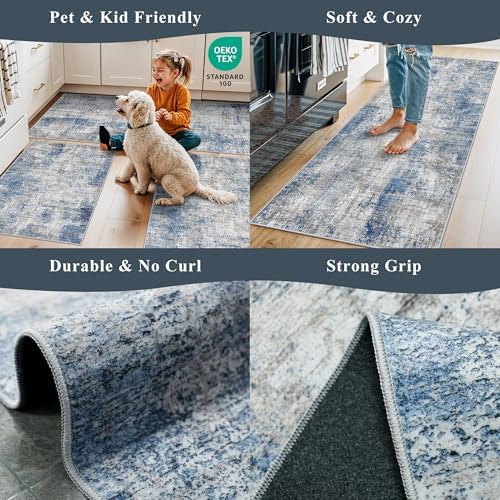 Kitchen Mats for Floor 3 Piece Set, Washable Non-Slip Farmhouse Kitchen Rugs for Hardwood Floor, Rustic Floral Boho Runner Rug for Sink,Entryway & Hallway & Bathroom (Blue/Grey/Ivory,2x3+2x4+2x5) - Image 4