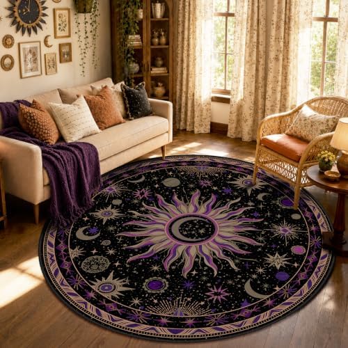 Vacuum-Friendly, Round 6ft Washable Area Rug, Black Purple Beige by meejou