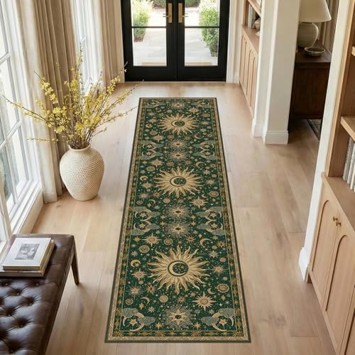 Vacuum-Friendly, 2x8 Washable Area Rug, Green Gold Yellow - Image 2