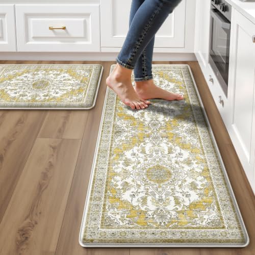 Boho Kitchen Mats for Floor 2PC Anti Fatigue Kitchen Rugs, Yellow by tubeamin