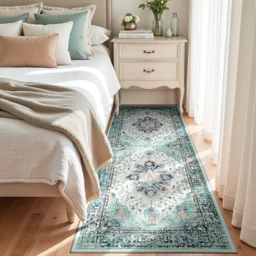 RELEANY Washable Area Rug, Runner 3'x8', Teal Green/White/Navy - Image 2