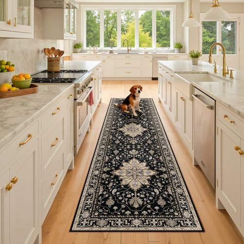 RELEANY Washable Area Rug, Runner 2'x8', Black/Neutral by RELEANY
