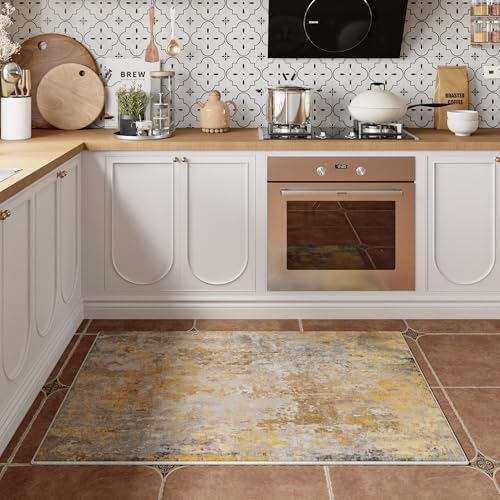 Entryway Rug 2x3 Beige Gold Door Mat Indoor Entrance 24x36, Washable Small Throw Rugs for Kitchen Floor, Entry, Front Door, Bedroom Bedside, Non-Slip Low Pile Stain & Fade Resistant, Abstract - Image 2