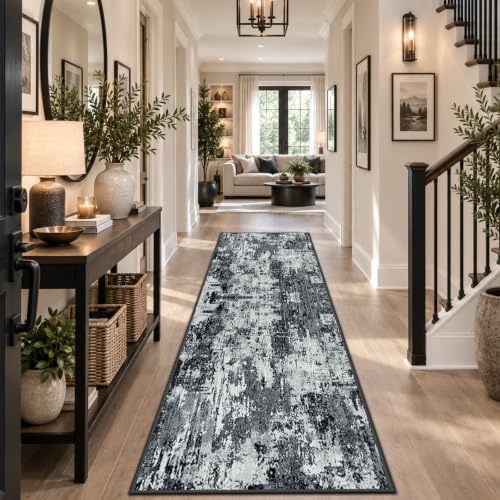 RELEANY Washable Runner 2'x8' Abstract Area Rug for Hallway Black White - Image 4