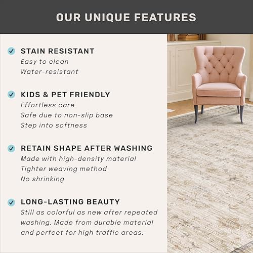 Beige Floral Washabel Area Rug for Living Room - 7x9 Non Slip Rugs for Dining Room Under Table, Bedroom Under Bed, Modern Farmhouse Décor Indoor, Low Pile Soft Geometric Carpet with Rubber Backing - Image 5