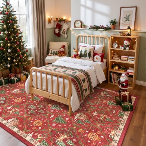 Washable Area Rug Red 5x7 Christmas Rug for Living Room Bedroom Non Slip - Image 4