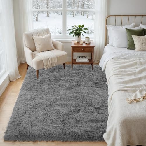 4x6 Fluffy Shag Area Rugs for Living Room Bedroom: Soft Carpet Light Gray - Image 4