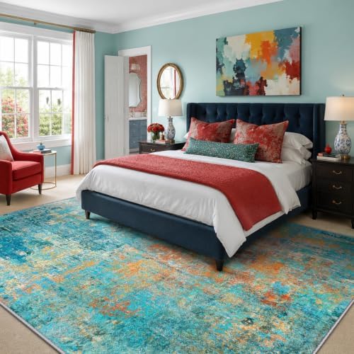 RELEANY Washable 5'x8' Abstract Area Rug for Living Room Teal Multi - Image 2