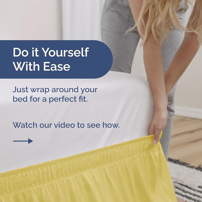 Wrap Around Dust Ruffle Bed Skirt - Yellow - for Full Size Beds with 15 Inch Drop - Easy Fit Elastic Strap - Adjustable Pleated Bedskirt w/Brushed Fabric - Wrinkle Free - for Women, Men, Kids & Teens