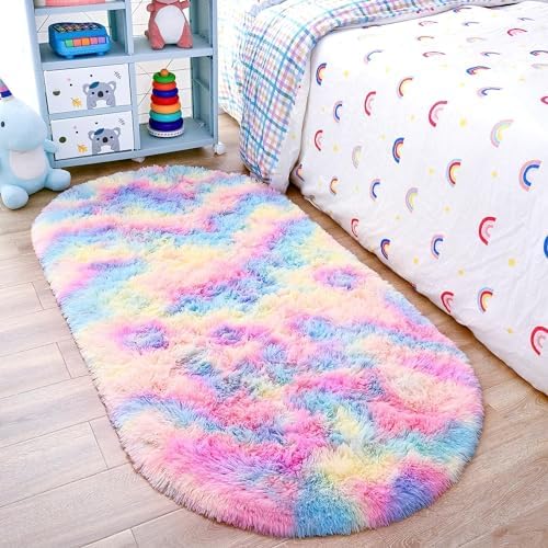 2x5 Rainbow Fluffy Soft Oval Rug Non-Slip for Kids Bedroom Nursery Playroom by ModernHomeDecor