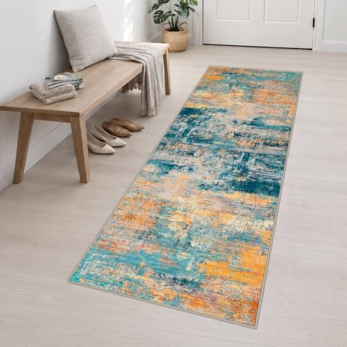2.6x10 Washable Runner Rug:Modern Abstract Soft Carpet Rosy Haze - Image 3