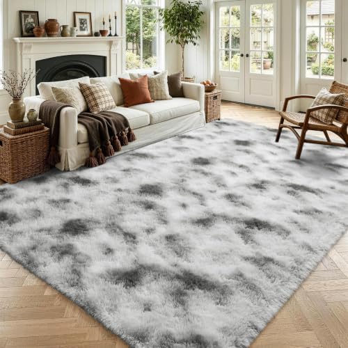 6x9 Large Tie-Dyed Grey and White Fluffy Area Rug Non-Slip for Living Room by ModernHomeDecor
