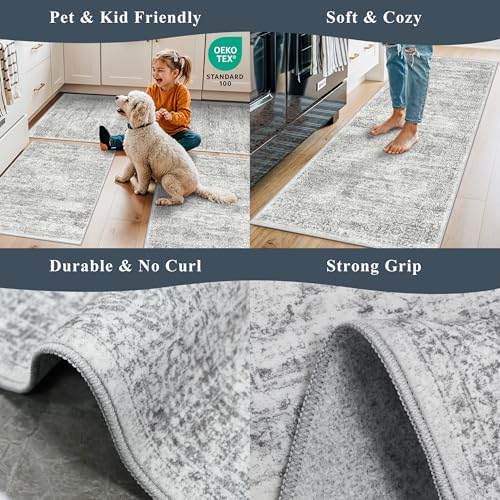 2x10 Runner Rug Non-Slip Washable Kitchen, Vintage Boho Carpet with Rubber Backing for Hallway Entryway Hall Holiday Farmhouse Neutral Cream Long Runners (Grey/Ivory,2'x10') - Image 5