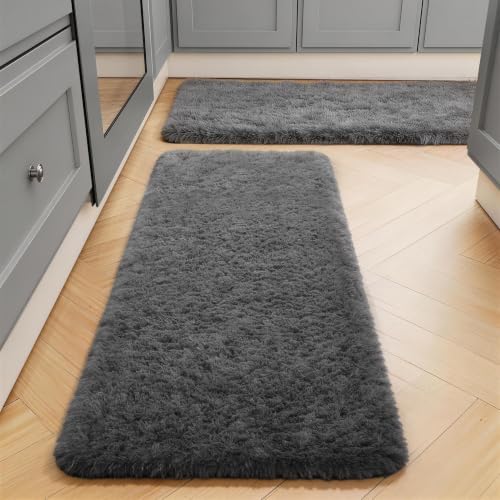 Ophanie Runner Rug for Hallway, 2x6 Washable Non-Slip Fluffy Soft Bedside Rugs 2 Pack, Bedroom Living Room Shaggy Gray Carpet for Kids Girls Boys Dorm Nursery Decor,Grey with Over 99 pcs Pile fibers by Ophanie