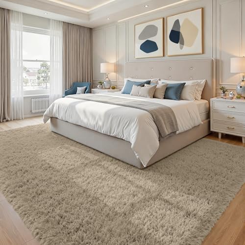 8x10 Fluffy Shag Area Rugs for Living Room Bedroom: Soft Carpet Gray Camel - Image 2