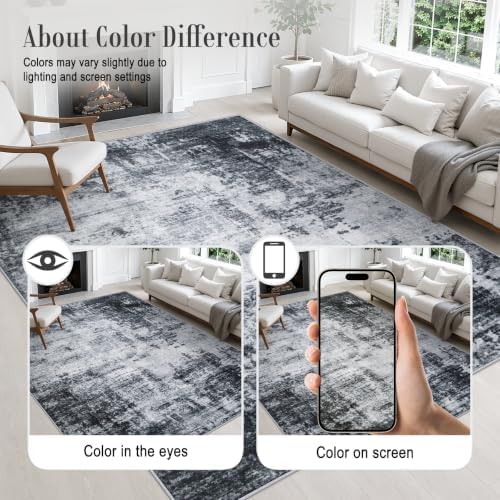 Area Rug Living Room: 4x6 Modern Washable Soft Carpet Dark Black - Image 5