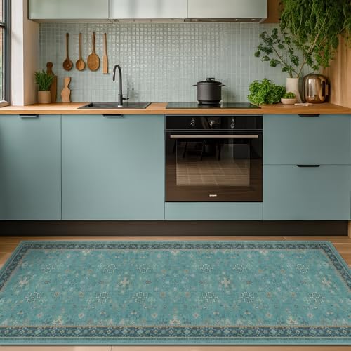 Hazo Haus Boho 2x6 Non Slip Kitchen Rug Runner - Teal Washable Rug for Bathroom, Laundry Room, Hallway, Non Slip with Rubber Backing, Floral Aqua Blue Unique Runner Décor by HazoHaus