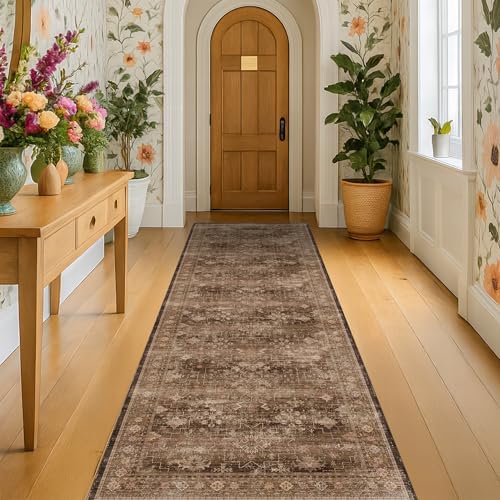 Brown Washable Long Runners for Hallways, 3x8 Wide Kitchen Runner Rug, Entryway Indoor Rug, Non Slip Rubber Backing Boho Vintage Dark Floor Decor by HazoHaus