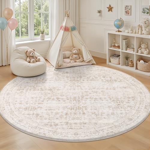 Round Area Rug for Living Room: 4ft Boho Washable Rug Beige Brown - Image 5