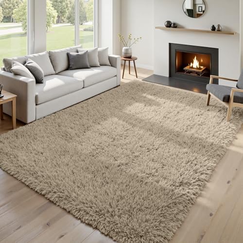 5x7 Fluffy Shag Area Rugs for Living Room Bedroom: Soft Carpet Gray Camel - Image 4