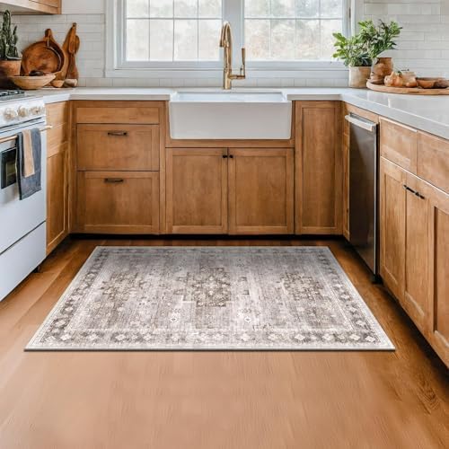 Washable Neutral Farmhouse Large Entryway Rug, 3x4 Area Rugs for Kitchen, Bedroom, Nursery Room, Boho Vintage Floral Non-Slip Throw Rug Low Pile Stain Resistant (3x4 Beige/Latte) - Image 6