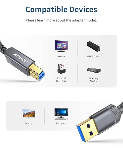 JSAUX USB 3.0 Printer Cable, Type A Male to B 3.0 Male (6.6ft/2M) USB 3.0 Type B Upstream Cord Nylon Braided Compatible with Docking Station, External Hard Drivers, Scanner, Printer and More(Grey)