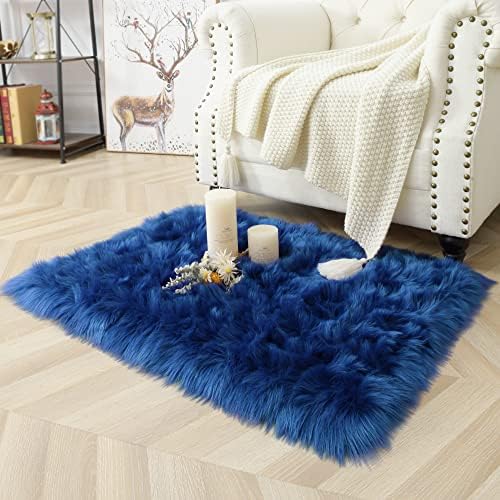 2x3 Navy Blue Faux Fur Area Rug Fluffy Soft Washable for Entryway Bedroom - Image 2