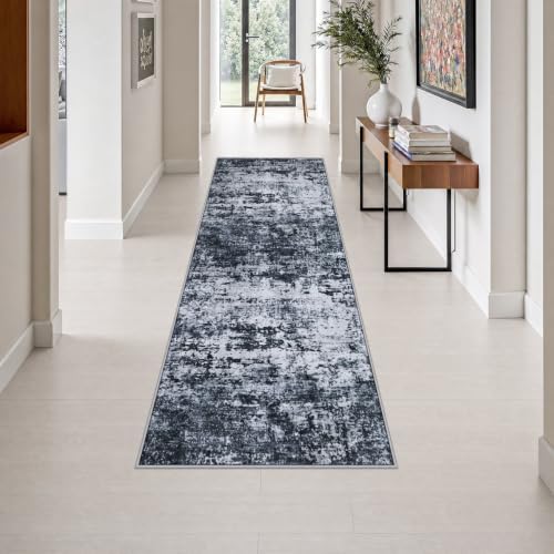 2.6x8 Washable Runner Rug：Modern Abstract Kitchen Carpet Black by FXRHLP