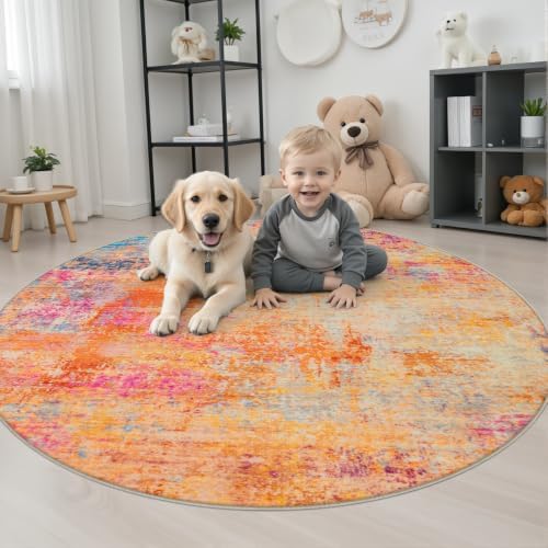 Round Area Rug Living Room: 5 ft Modern Washable Indoor Carpet - Image 3