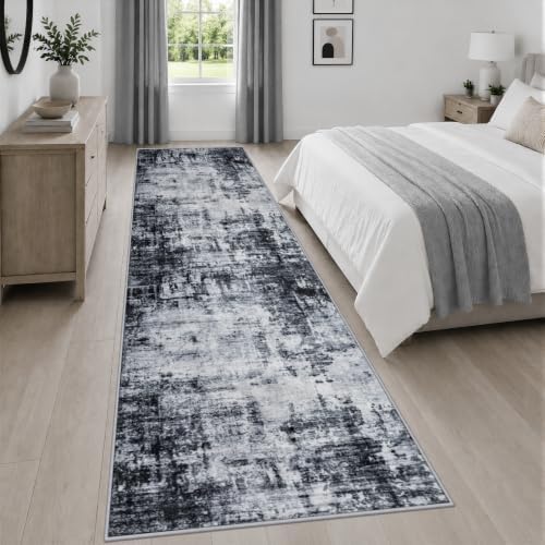 3x14 Washable Runner Rug：Modern Abstract Soft Carpet Dark Black - Image 4