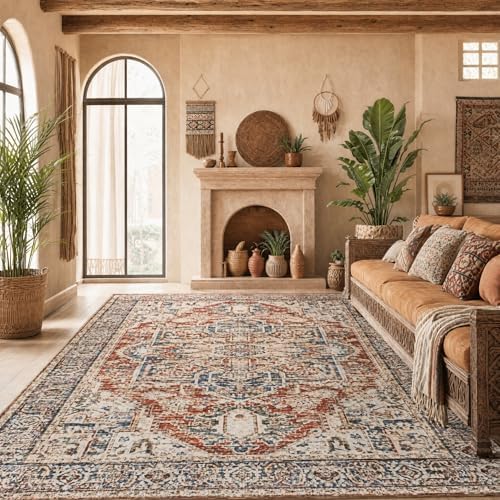 Amada 5x7 Washable Area Rug for Living Room, Red, Vintage Pattern - Image 4