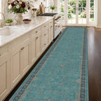 Vintage 3x12 Long Hallway Runner Rug - Teal Boho 3x12 Kitchen Floor Mat, Low Pile Thin Carpet for Bedroom Bedside, Washable Modern Eclectic Boho Design Décor - Image 3