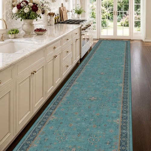 Vintage 3x12 Long Hallway Runner Rug - Teal Boho 3x12 Kitchen Floor Mat, Low Pile Thin Carpet for Bedroom Bedside, Washable Modern Eclectic Boho Design Décor - Image 3