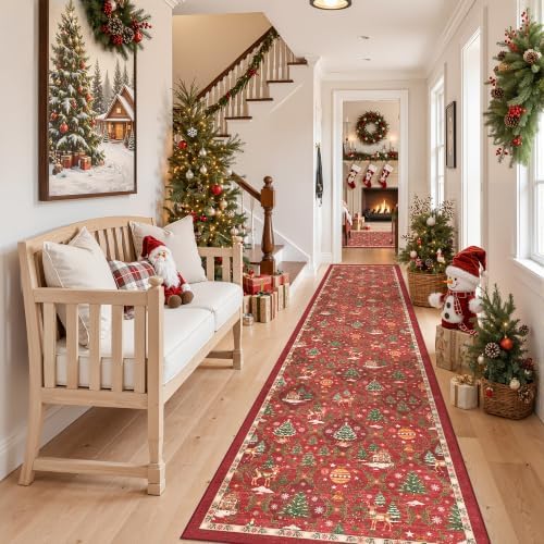 Madane Christmas Runner Rugs for Hallway 2x10, Red Washable Kitchen Rug by Madane