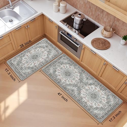 Boho Kitchen Mats for Floor 2PC Anti Fatigue Kitchen Rugs, Beige Grey - Image 2