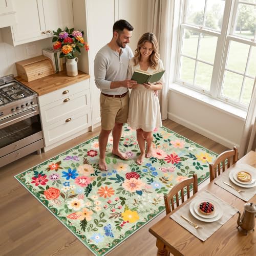 PLHXFR Area Rug Living Room: 3x5 Floral Washable Boho Soft Carpet Green - Image 3